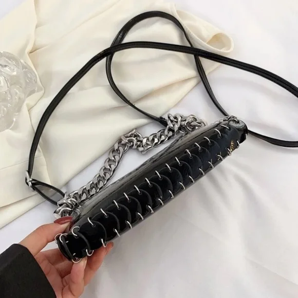 Black Patent Crossbody Bag with Silver Chain - Picture 6 of 10